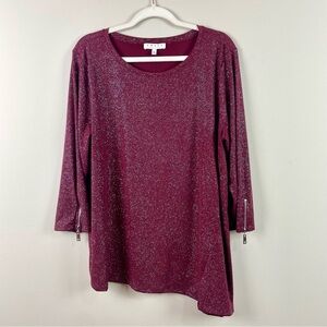 Chaus Burgundy Shimmery Glitter Tunic Top Assymetric Split Hem Size XL‎
